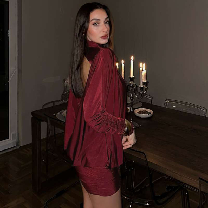 Plain Open Back Bodycon Turtleneck Full Sleeve Dress