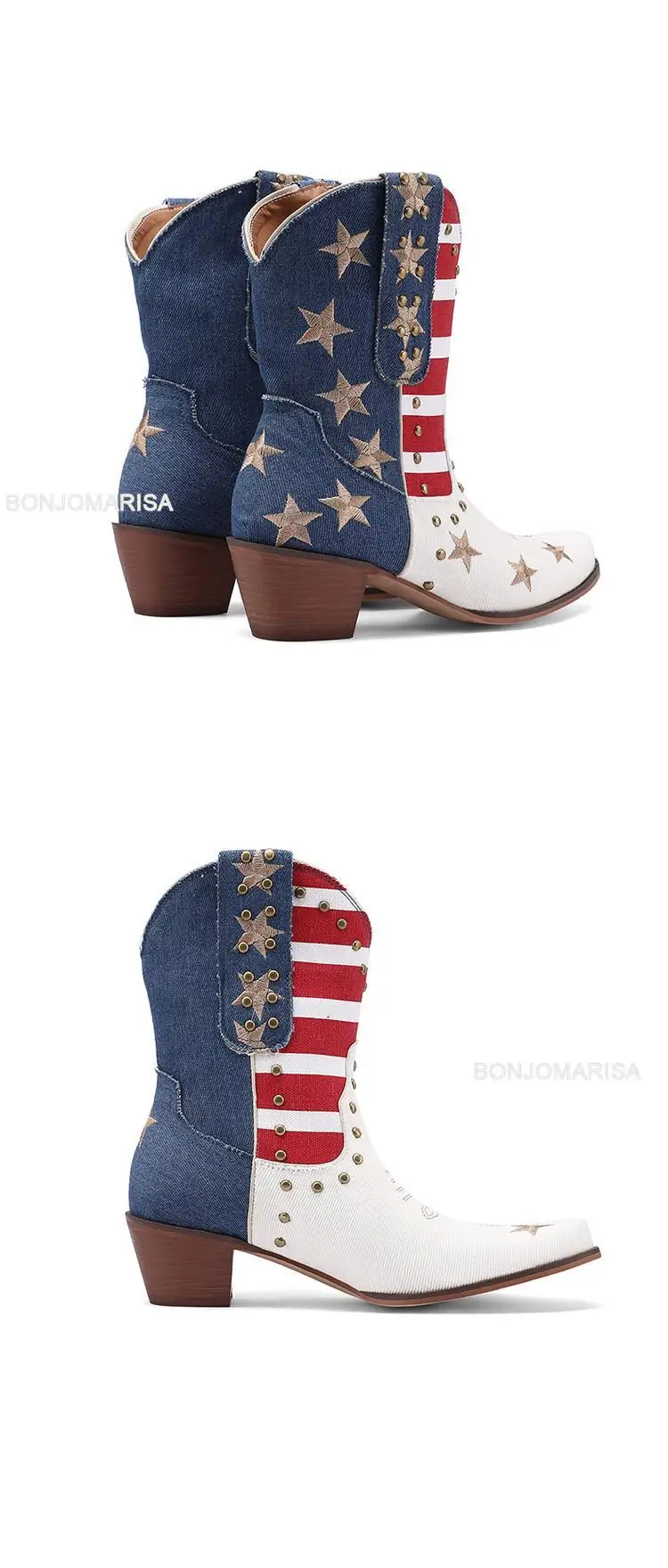 Cowboy Boots For Women Ankle Western Boots Cowgirls Rivet Star Design Fashion Block High Heeled Shoes Pointed Toe