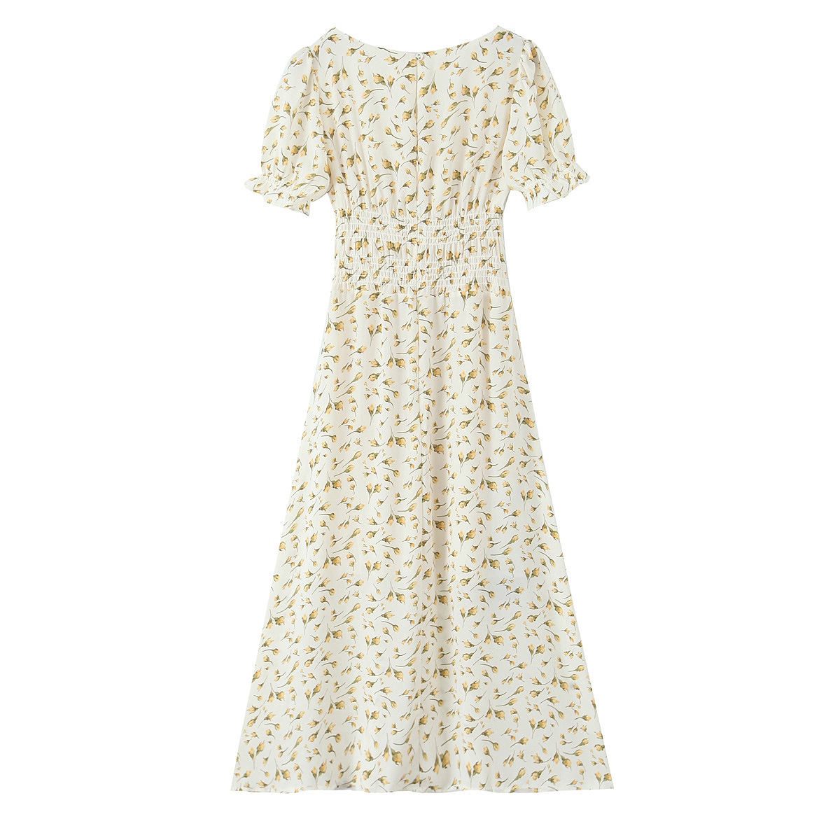 Floral Print Square Neck Tie-Waist Bubble Sleeve Dress