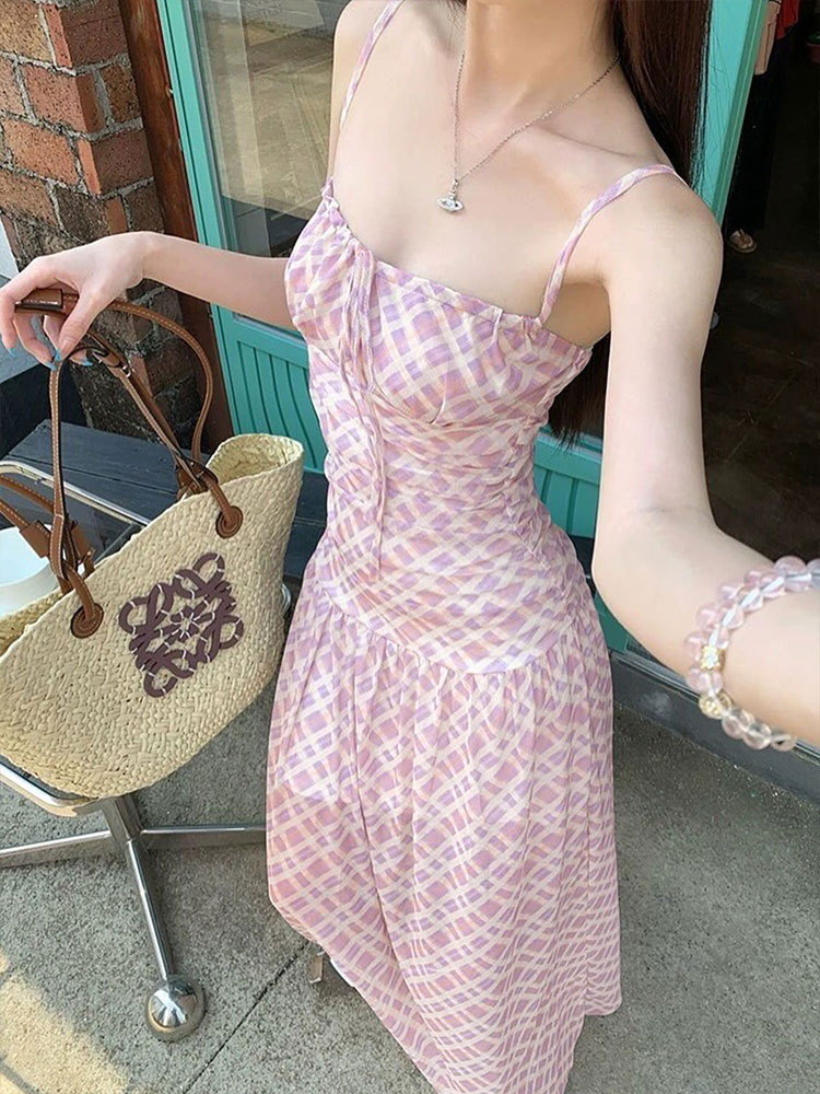 One-Shoulder Checkered Cinched Frill Polyester Dress