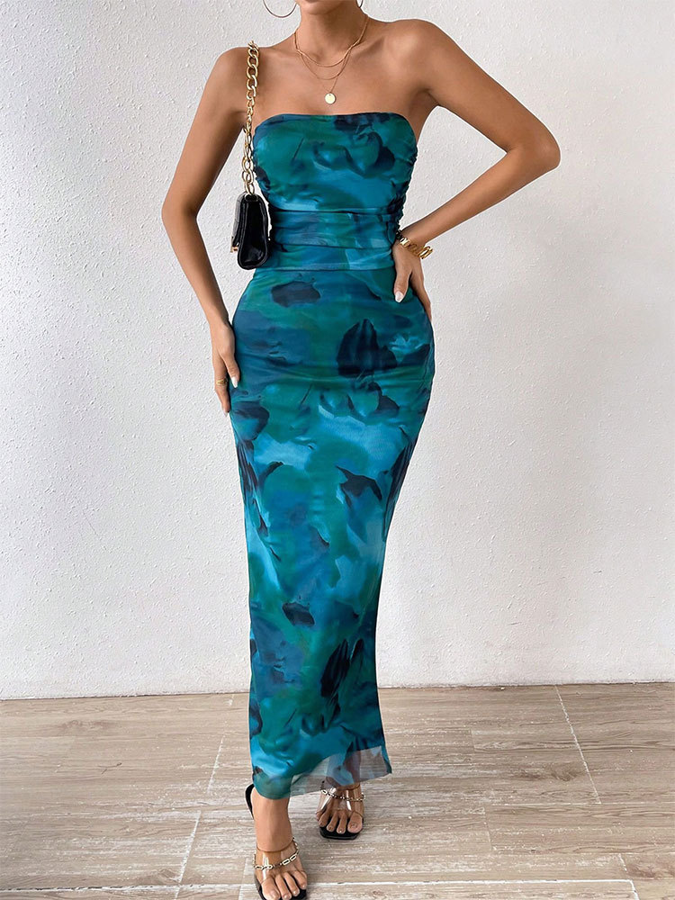 Polyester Asymmetric Neck Patterned Vent Dress