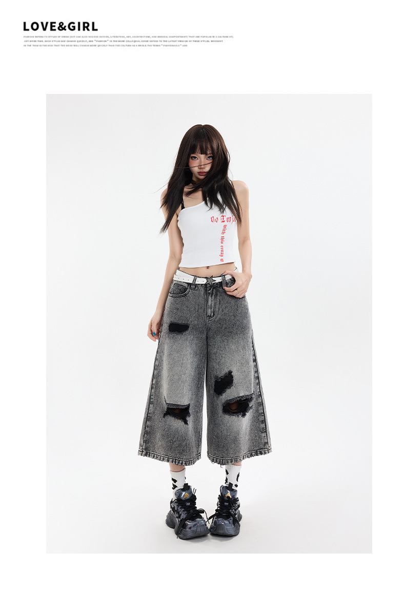 Black Gray Hole Seven-Point Denim Pants Women Vintage Wide-Leg Straight Leg Pants High Street Trendy