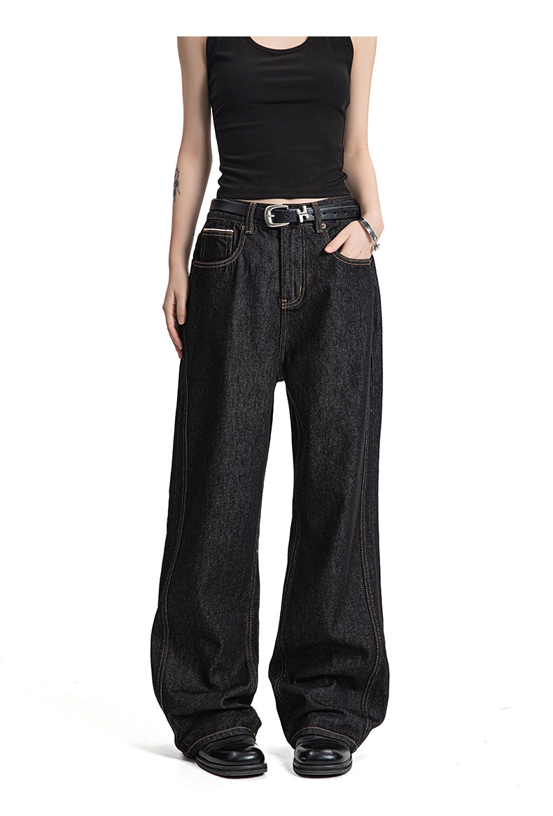 Dark Color Topstitching Straight Loose Commuting Denim Trousers Cleanfit