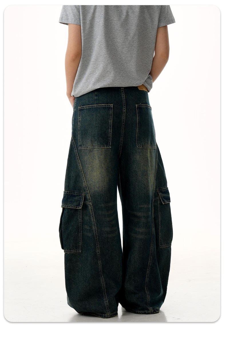 Blue Workwear Tapered Jeans for Men and Women with Multiple Pockets Loose Washed Banana Wide-Leg Long Pants