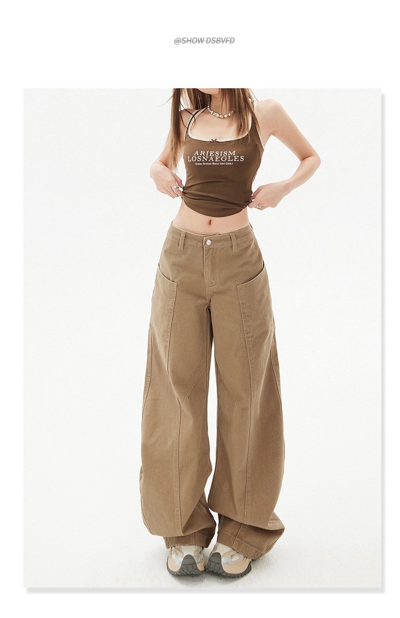 Women's Saber Design Khaki Straight Leg Wide Leg Jeans for Pear-Shaped Body Casual Pants