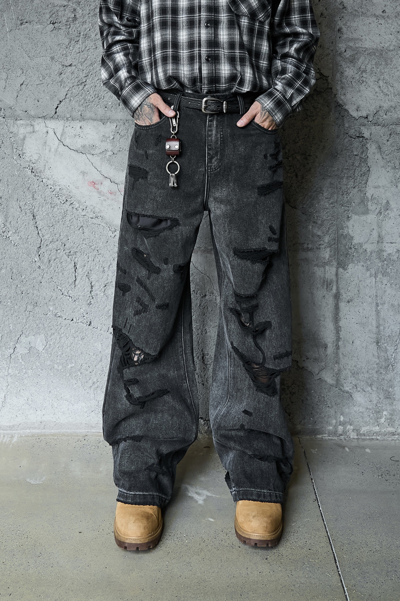 Denim Pants Loose Wide Leg Men High Street Post-Apocalyptic Style Ripped Design Plus Size Trendy Brand Original Dark Hip Hop Straight Leg Pants