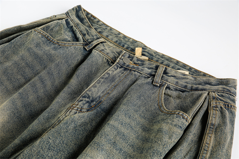 Washed Distressed Unisex Wide Leg Jeans Denim Material