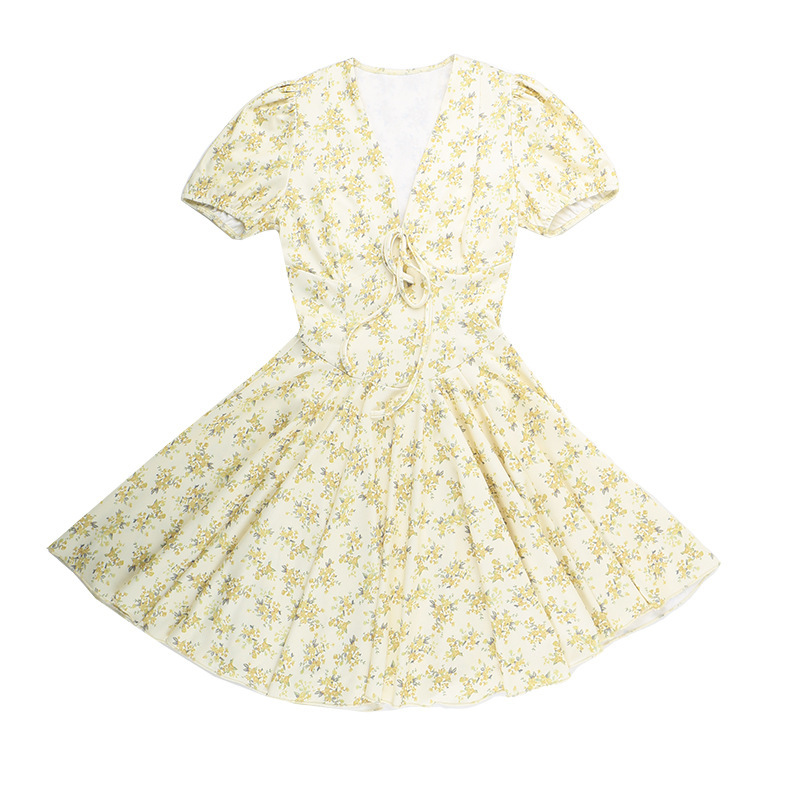 A-Line High Waist Short-Sleeve V Neck Botanical Dress