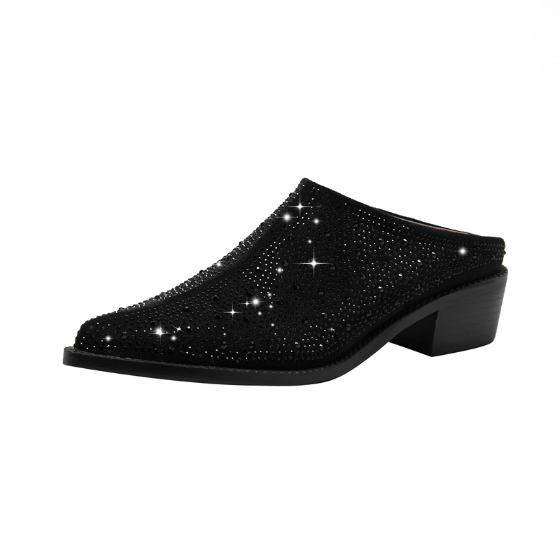 Ladies Tapered Toe Chunky Suede Crystal Mules