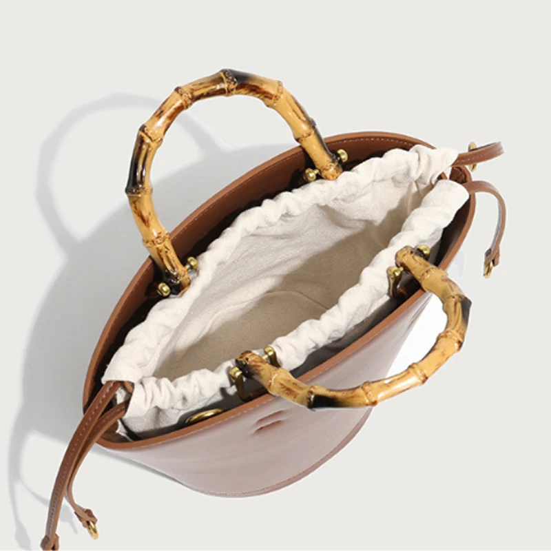 New design bucket bag fashion bamboo handle soft leather women bag single shoulder crossbody bag