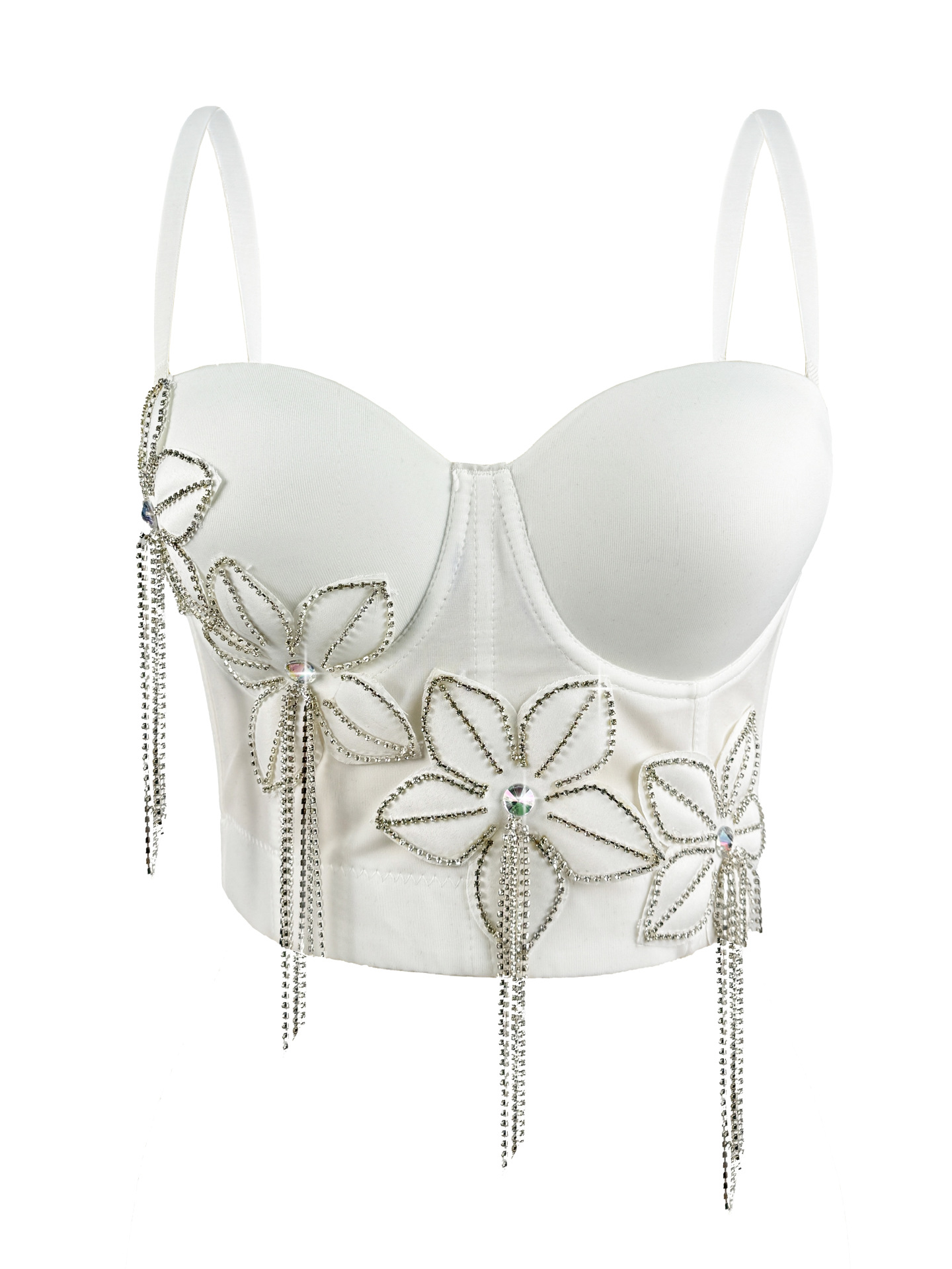 Floral Rhinestone Chain Tassel Boned Bustier Heavy Embroidery Fitted Strapless Camisole Outerwear Sexy Boned Top