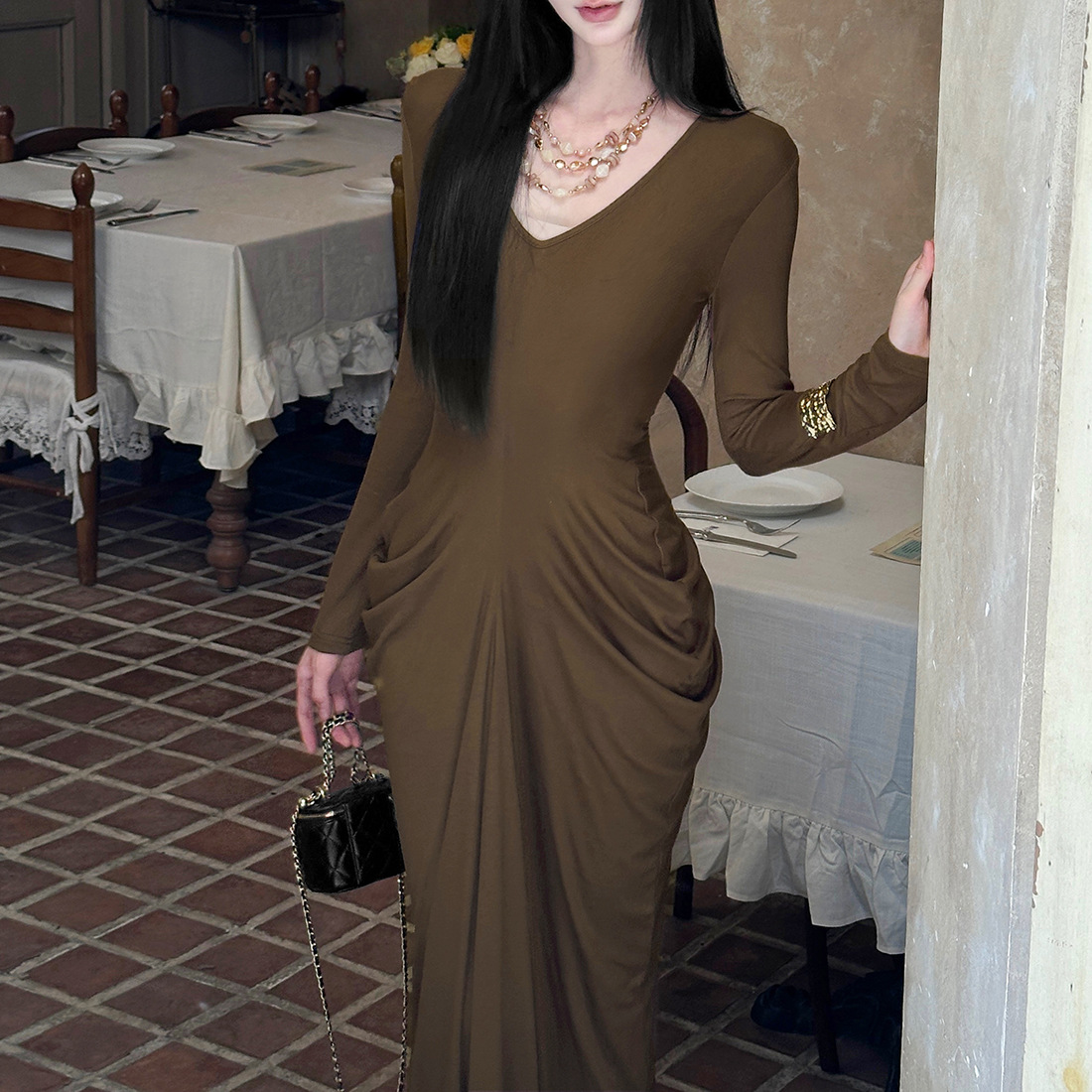 Crinkled Plunging Fitted Plain Full-Sleeve Maxi Dress