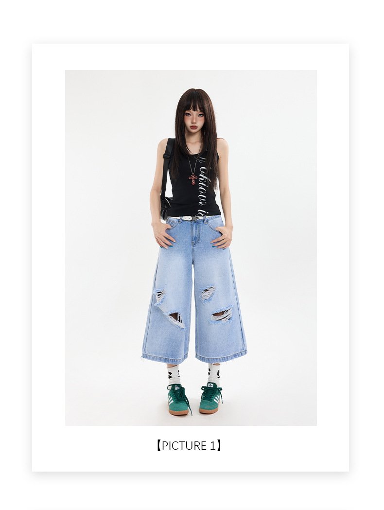Black Gray Hole Seven-Point Denim Pants Women Vintage Wide-Leg Straight Leg Pants High Street Trendy