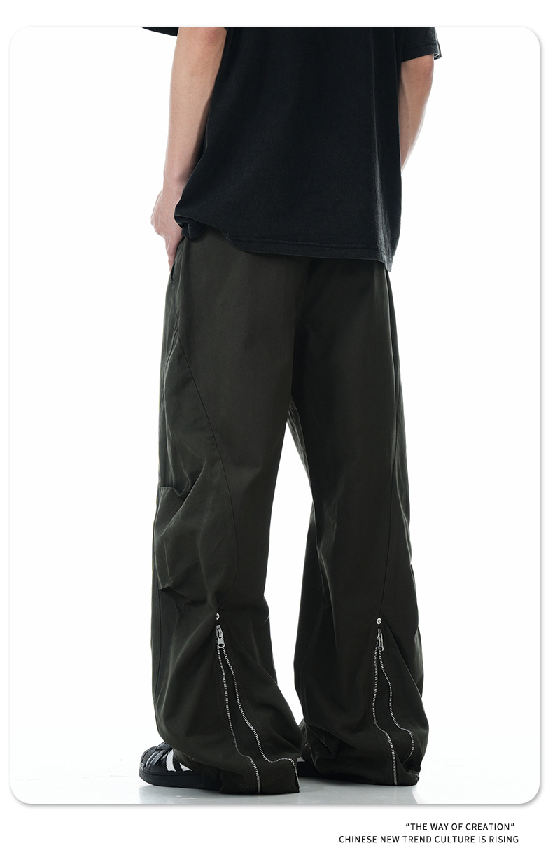 Work Pants Men Simple Cuff Zipper Design Loose Wide Leg Slim Fit Versatile Long Trousers Trendy