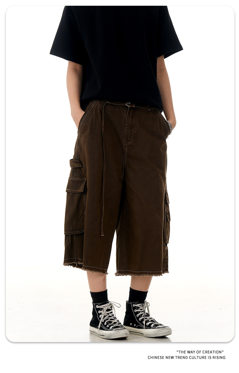 Multi-Pocket Workwear Capri Pants for Men and Women Summer Vintage Washed Loose Fit Wide Leg Casual Shorts