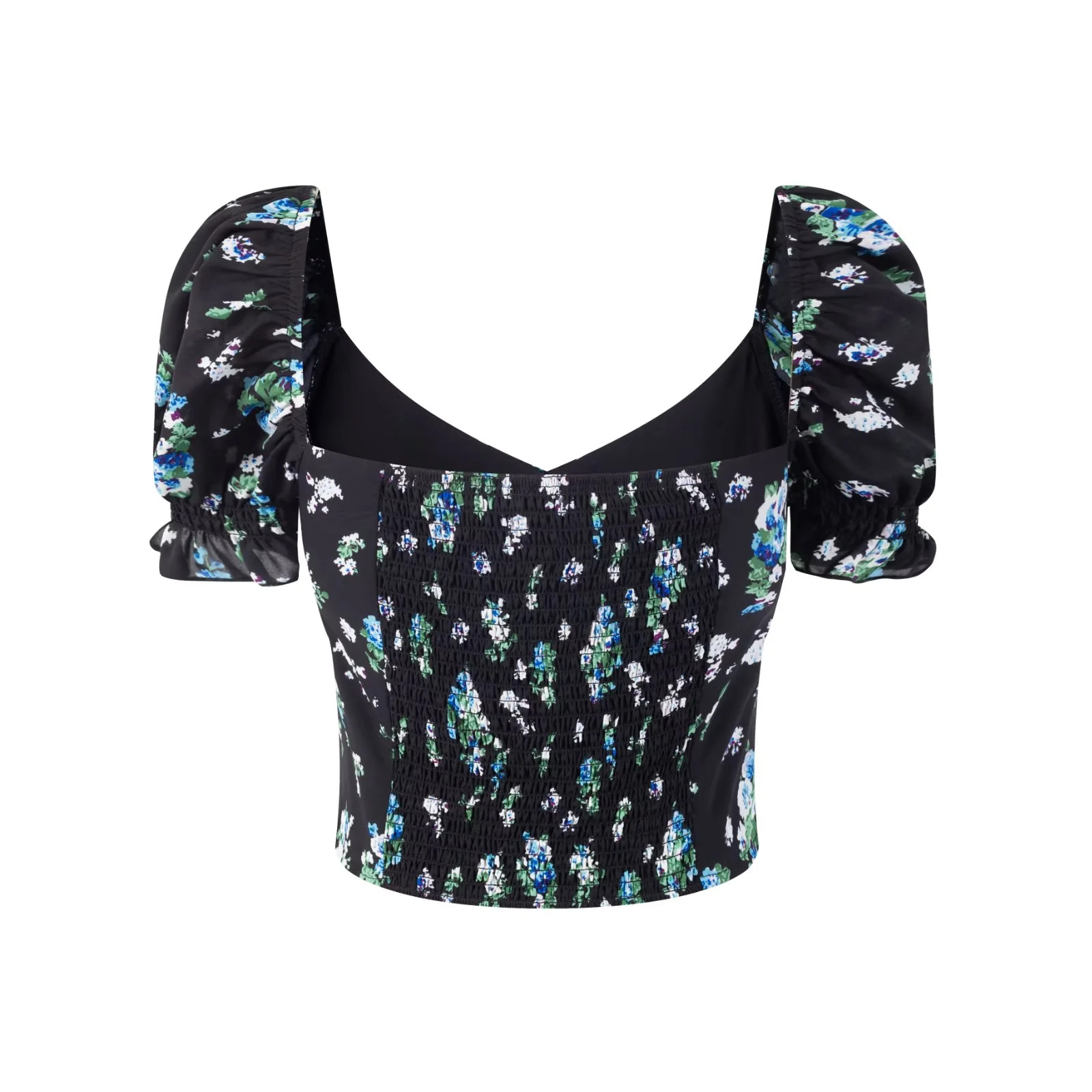 Straight Neck Tie Front Flower Puff Shirt