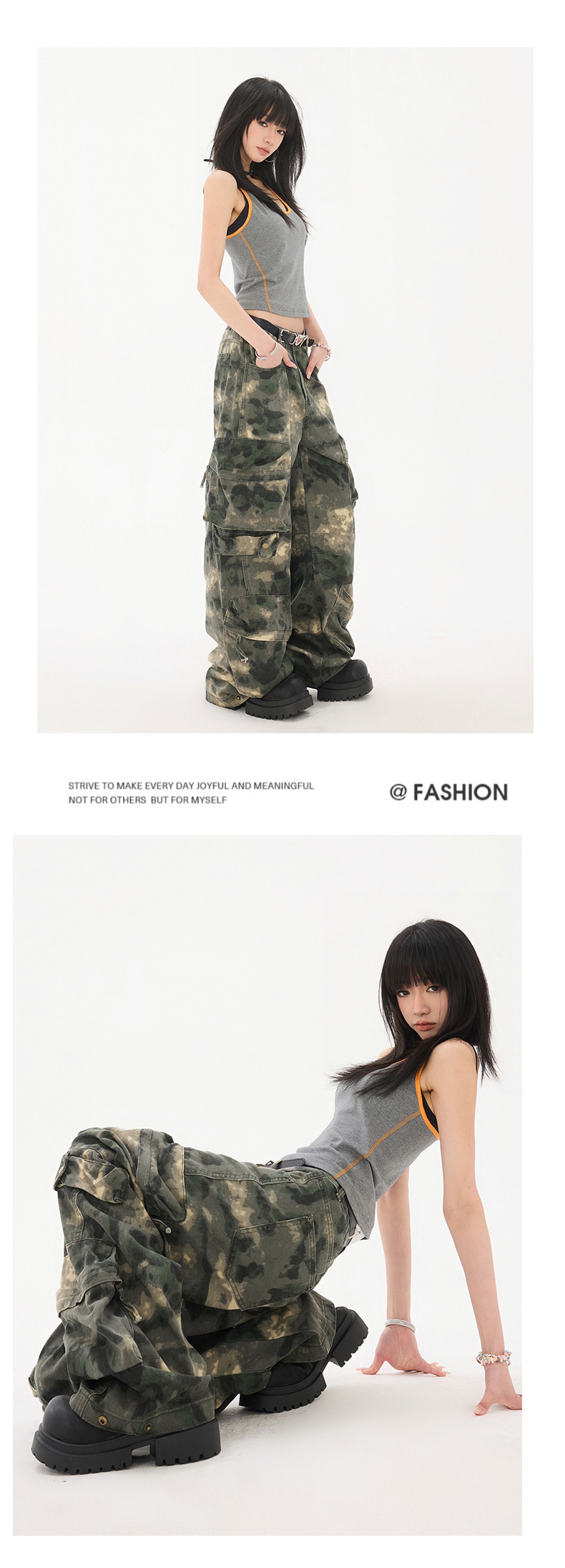 Women's Work Pants Camouflage Multi-Pocket Loose Wide-Leg Denim Trousers