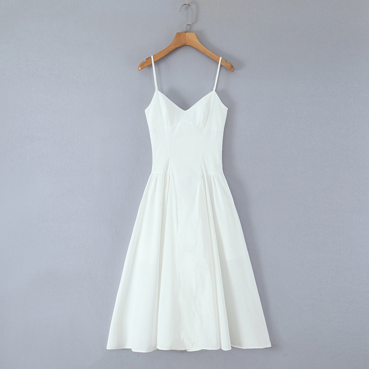 Fitted Solid Midi V-Neck Sleeveless Strap Polyester Dress
