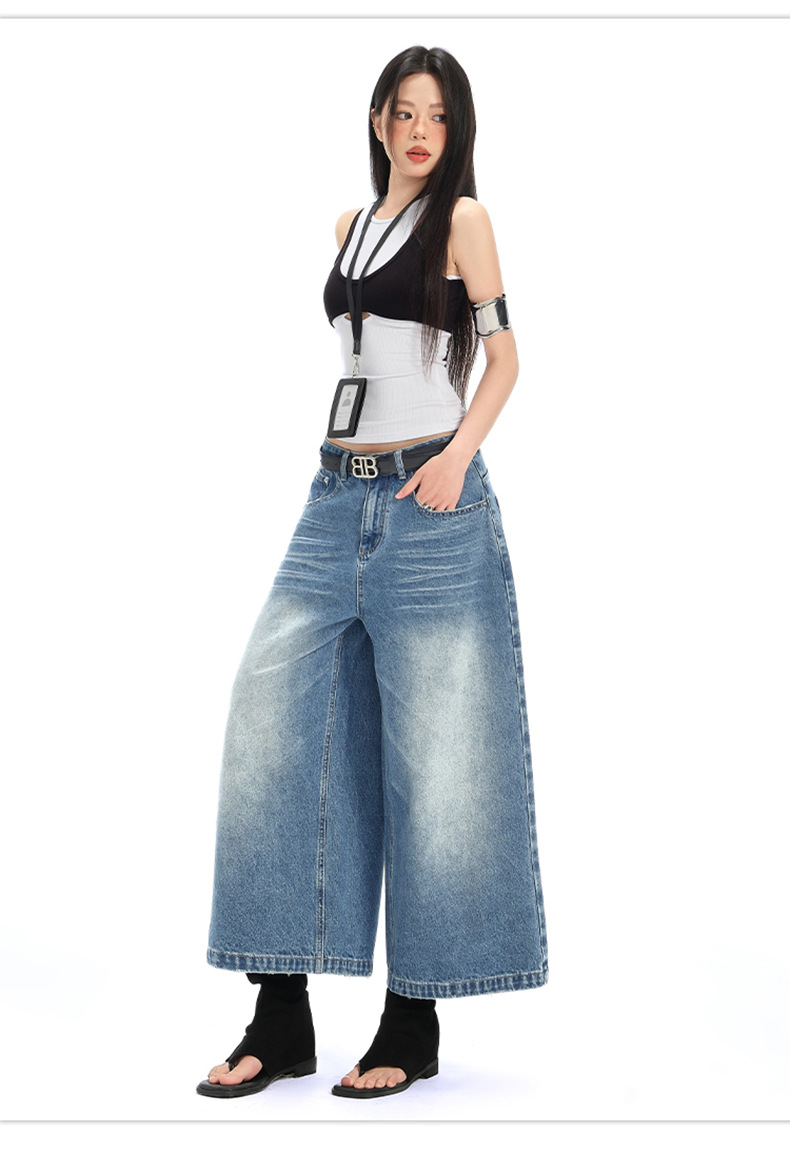 Denim Cropped Pants for Women High Street Relaxed Fit Straight Leg Wide-Leg Mid-Length Pants