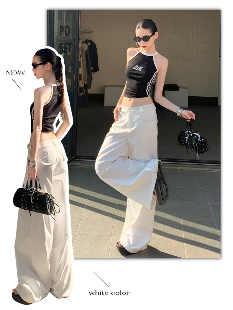 White Wide-Leg Casual Pants Light Weight High Waist Long Length Trousers for Tall Women