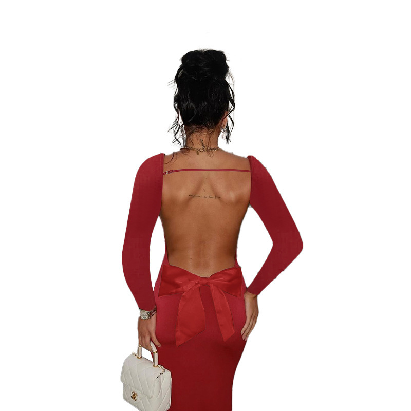 Full Sleeve V-Neck Bow Back Pencil Dress