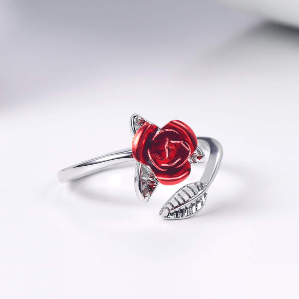 U7 Red Rose Garden Flower Leaves Resizable Finger Rings for Women Valentine's Day Gift Jewelry Hot Sale Open Ring R1019