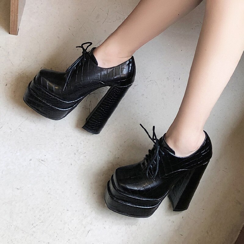 Women Pumps Brand Fashion New Square Toe Platform Thick High Heels Lace-Up Shoes Party Office Ladies
