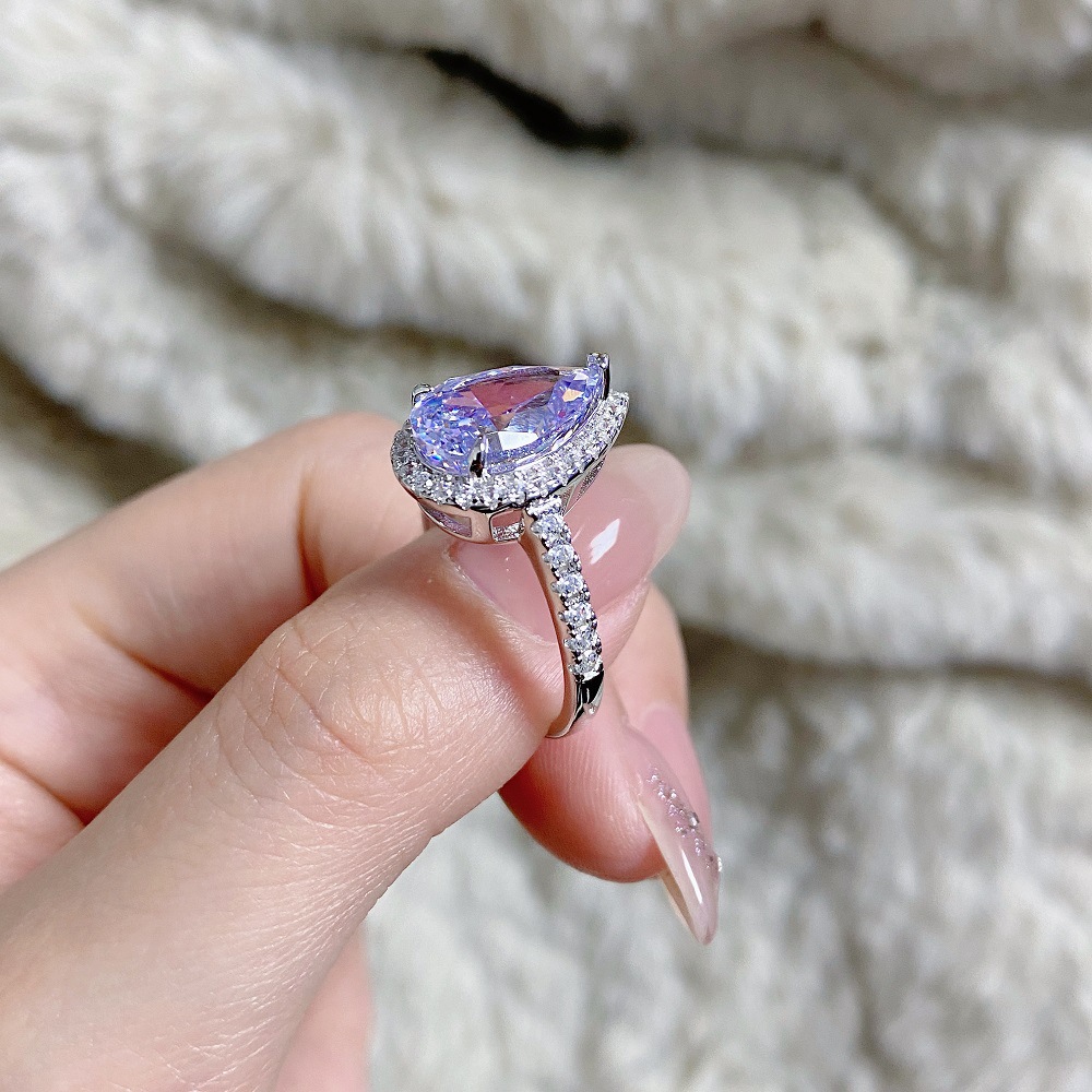 S925 sterling silver pear-shaped ring lavender purple high carbon diamond gemstone diamond ring European and American fashion zircon ring