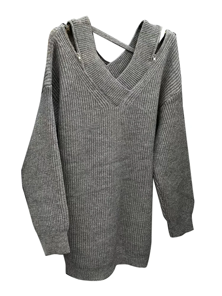 Slouchy Plunging Bardot Colorblock Zip Sweater