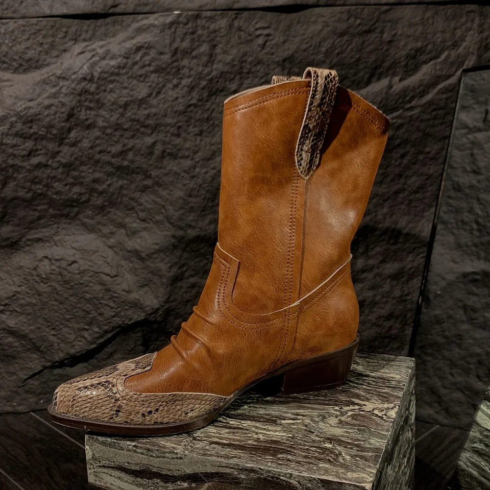 Western Women Short Boots Fashion Pleated Genuine Leather Shoes Woman Office Lady Retro Autumn Winter