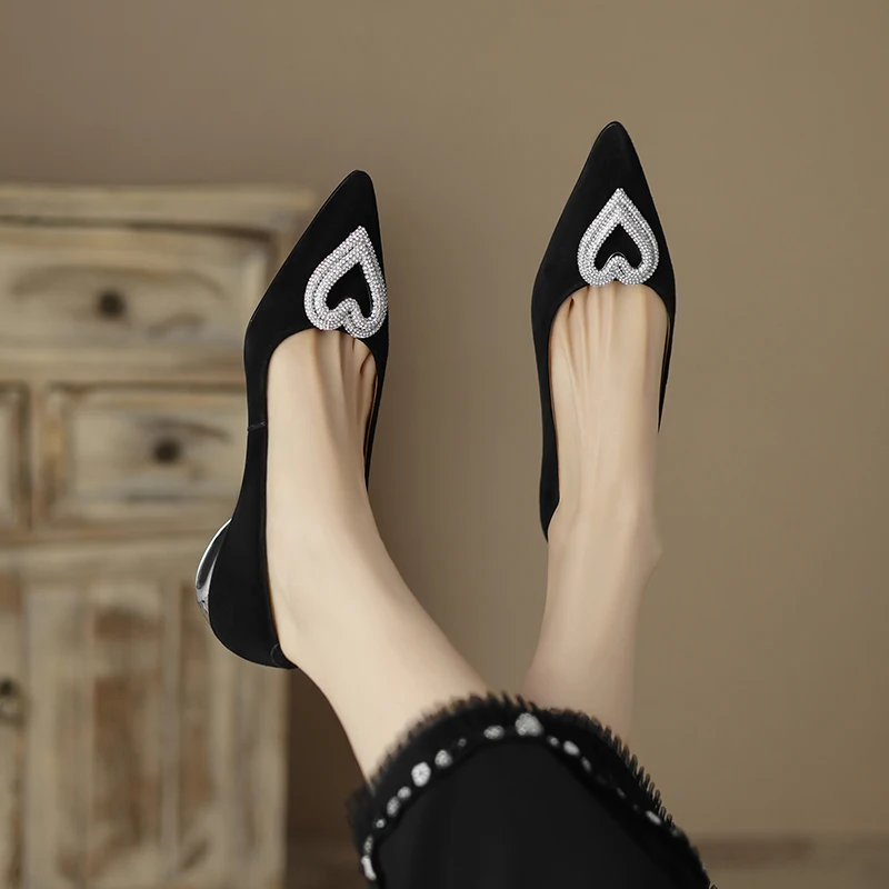Elegant With Low Heel Brand Genuine Leather High Heels Metal Button Heels For Women Comfortable Pumps Pointed Toe