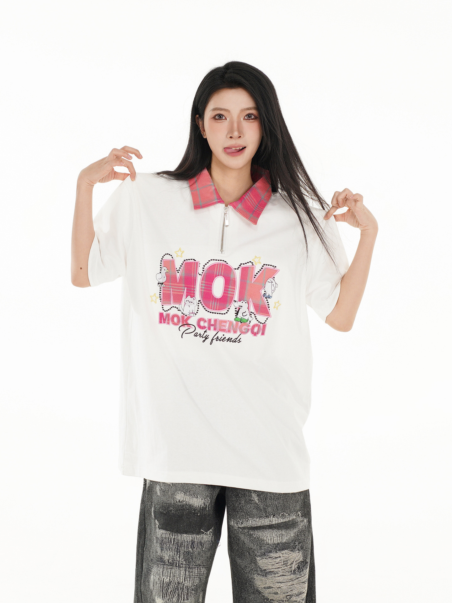Classic Cotton Letter Lapel Zip Oversized T Shirt