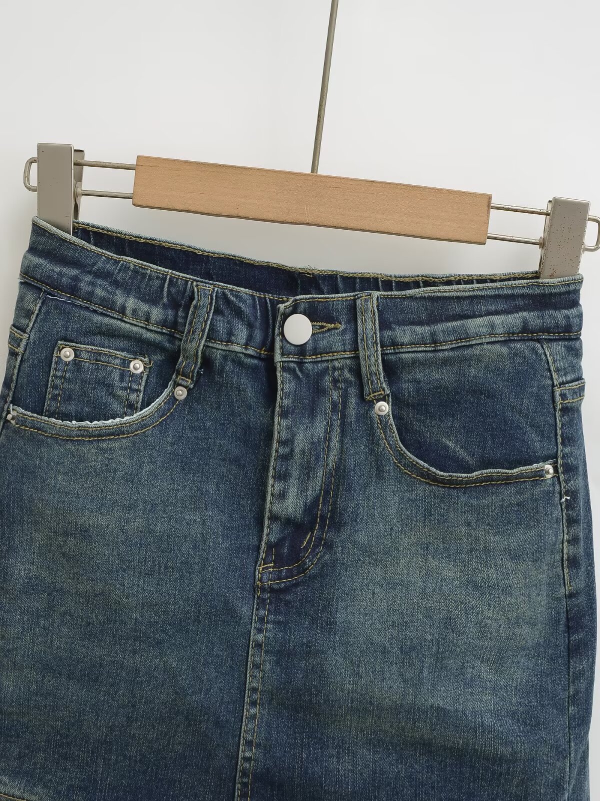 High waisted hip hugging denim short skirt midi skirt