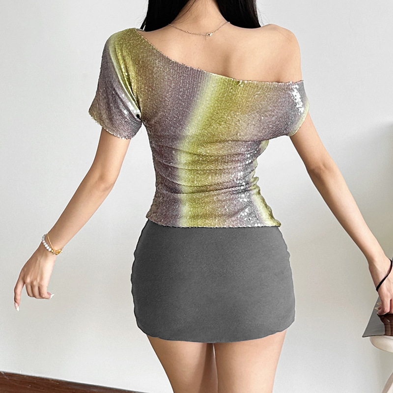 Women's solid color slim fit street diagonal collar short sleeved backless top for women