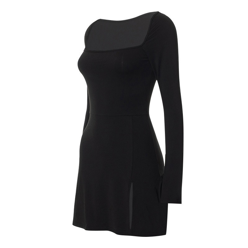 Straight Neckline Full Sleeve Side Split Cinch Dress