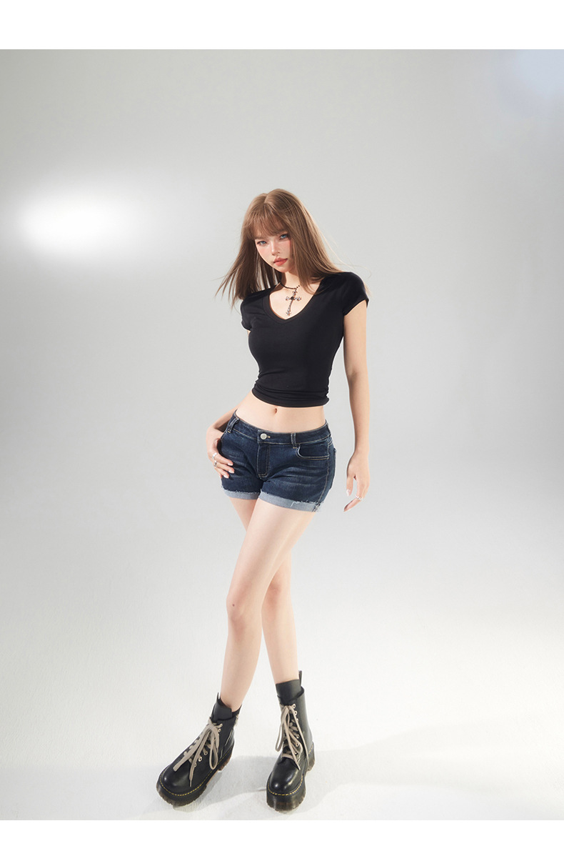 Dark Blue Cuffed Denim Shorts for Women Elastic High Waist Washed Versatile Spicy Girl Sexy Hot Pants