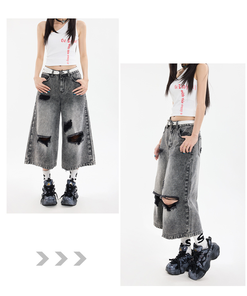 Black Gray Hole Seven-Point Denim Pants Women Vintage Wide-Leg Straight Leg Pants High Street Trendy