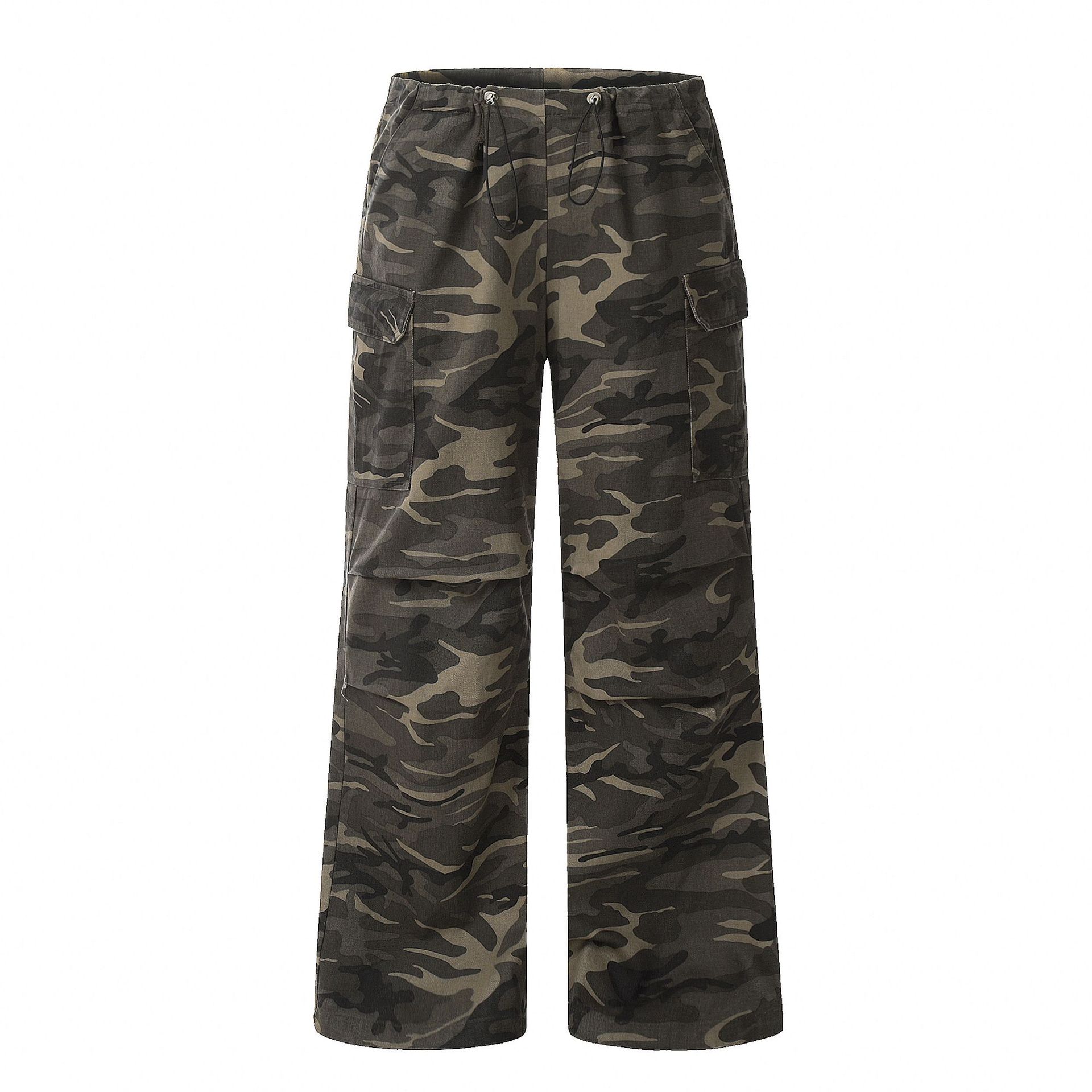 Loose Drawstring with Large Pockete Draped Layered Casual Long Trousers