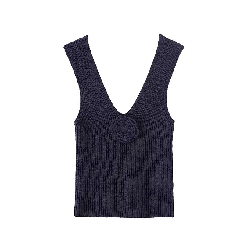 Ladies Plunging Sleeveless 3D Floral Knit Vest