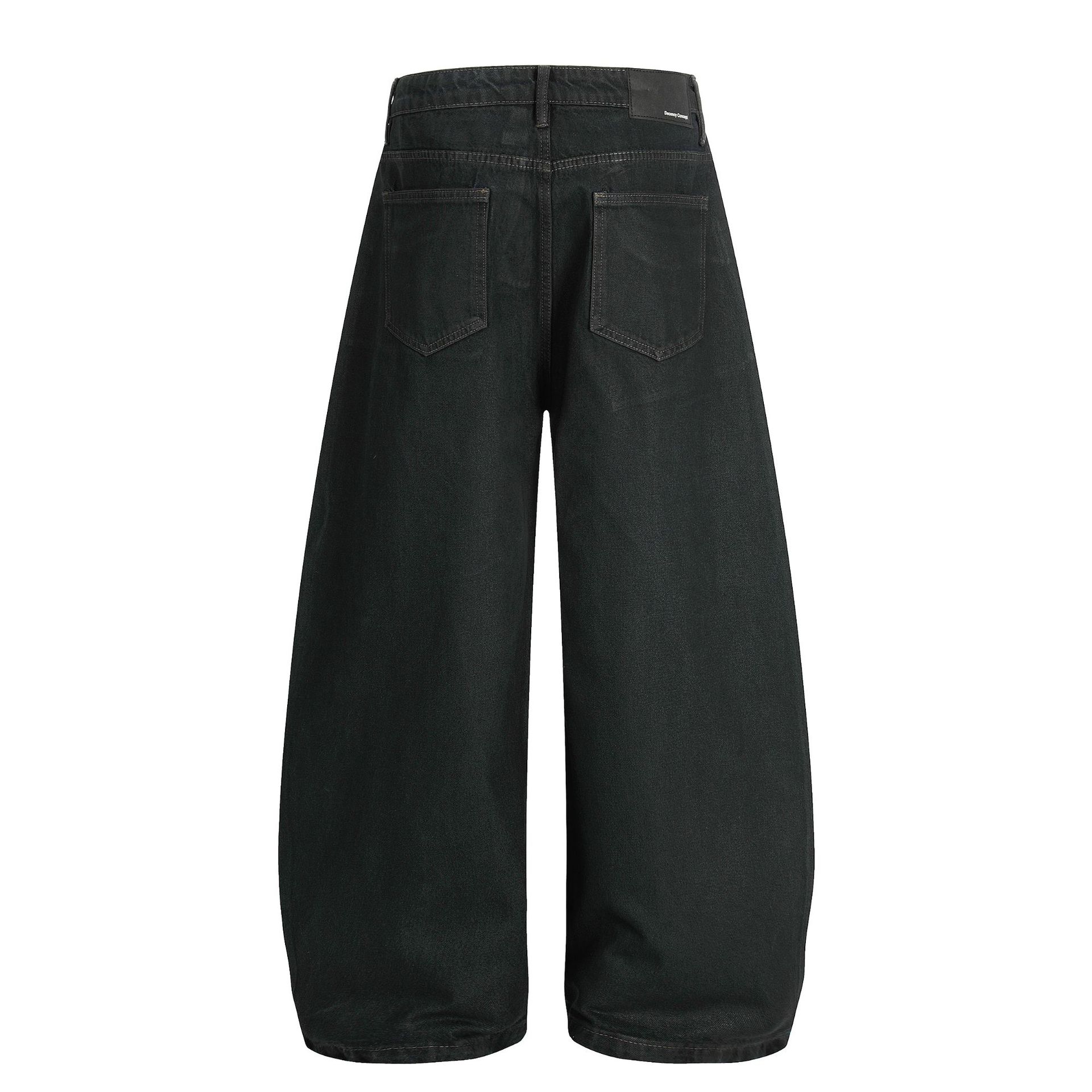Street Retro High-End Waxed Black Craft Design Unisex Loose Dagger Cut Jeans