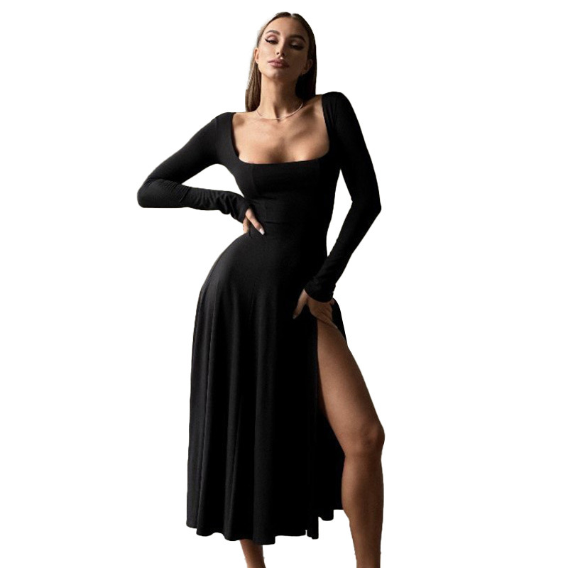 Geometric Neckline Contouring Dress Full Sleeve Side Vent