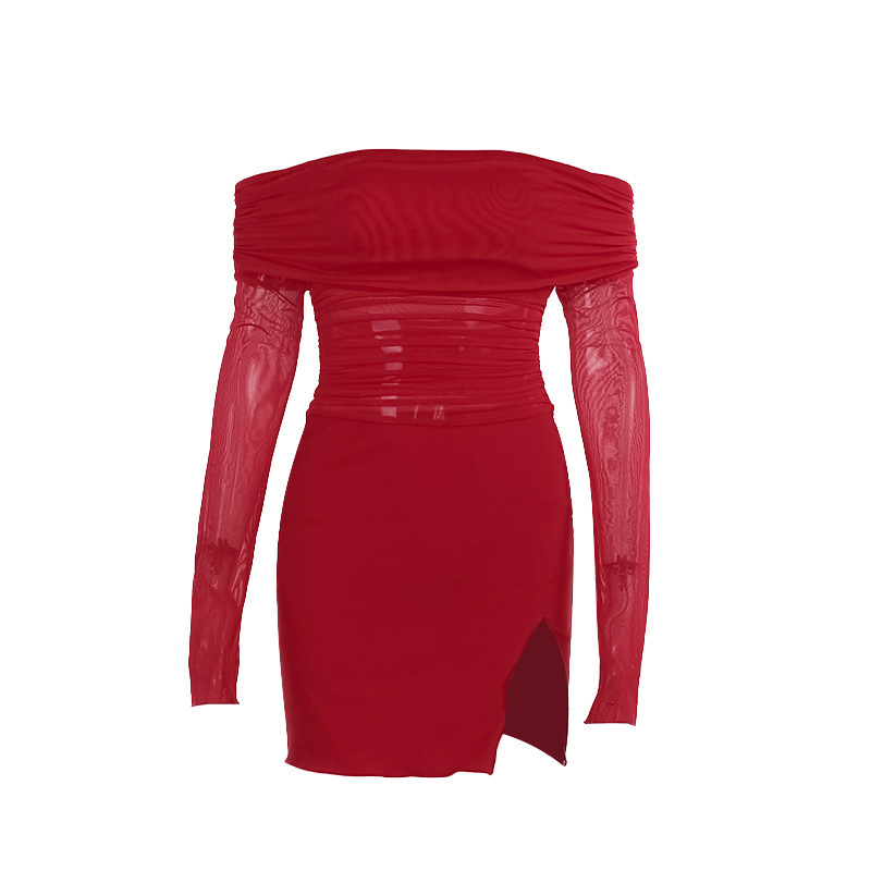Asymmetrical Long Sleeve Sheer Ruched Side Vent Skirt