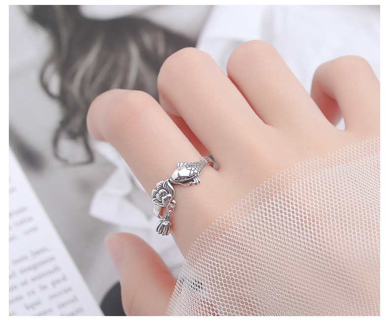 S925 Silver Ring Girl Retro Ethnic Carp Lotus Tassel Food Ring Couple Adjustable Ring For Girl