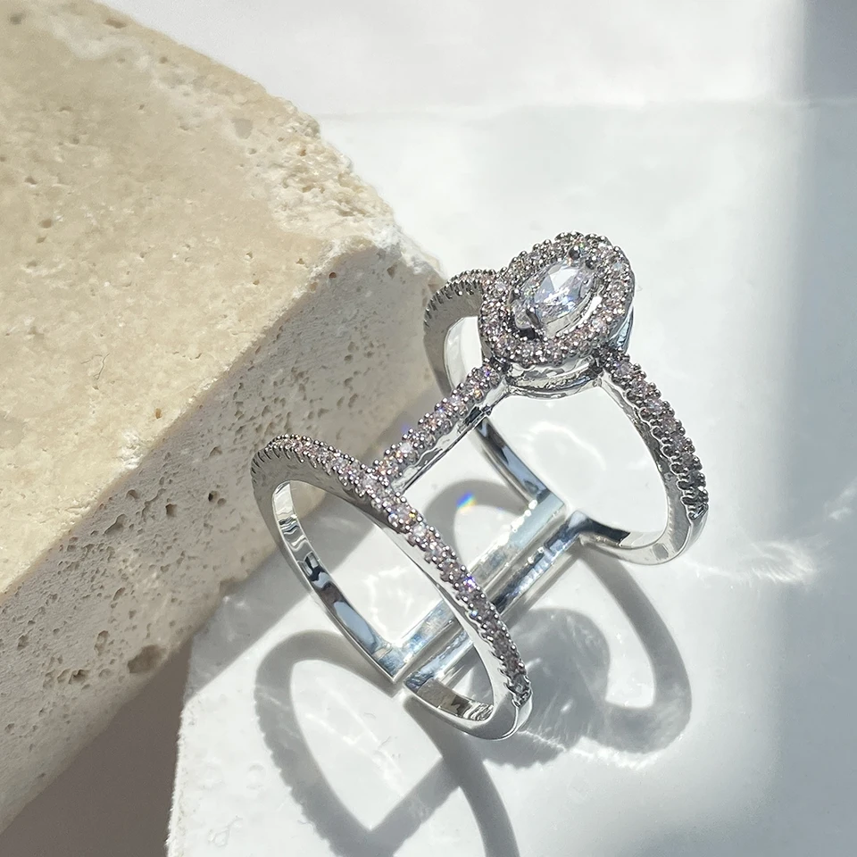 Women Rings Adjustable Size Fashion Double Hoop Cubic Zirconia Open Rings Girls Party Jewelry