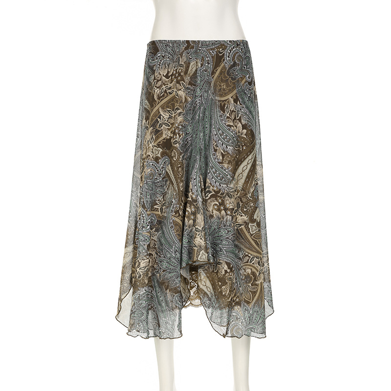 Retro Ink Green Gradient Lace Splicing Printed Skirt Irregular Knitted Midi Skirt Forest Style Girl