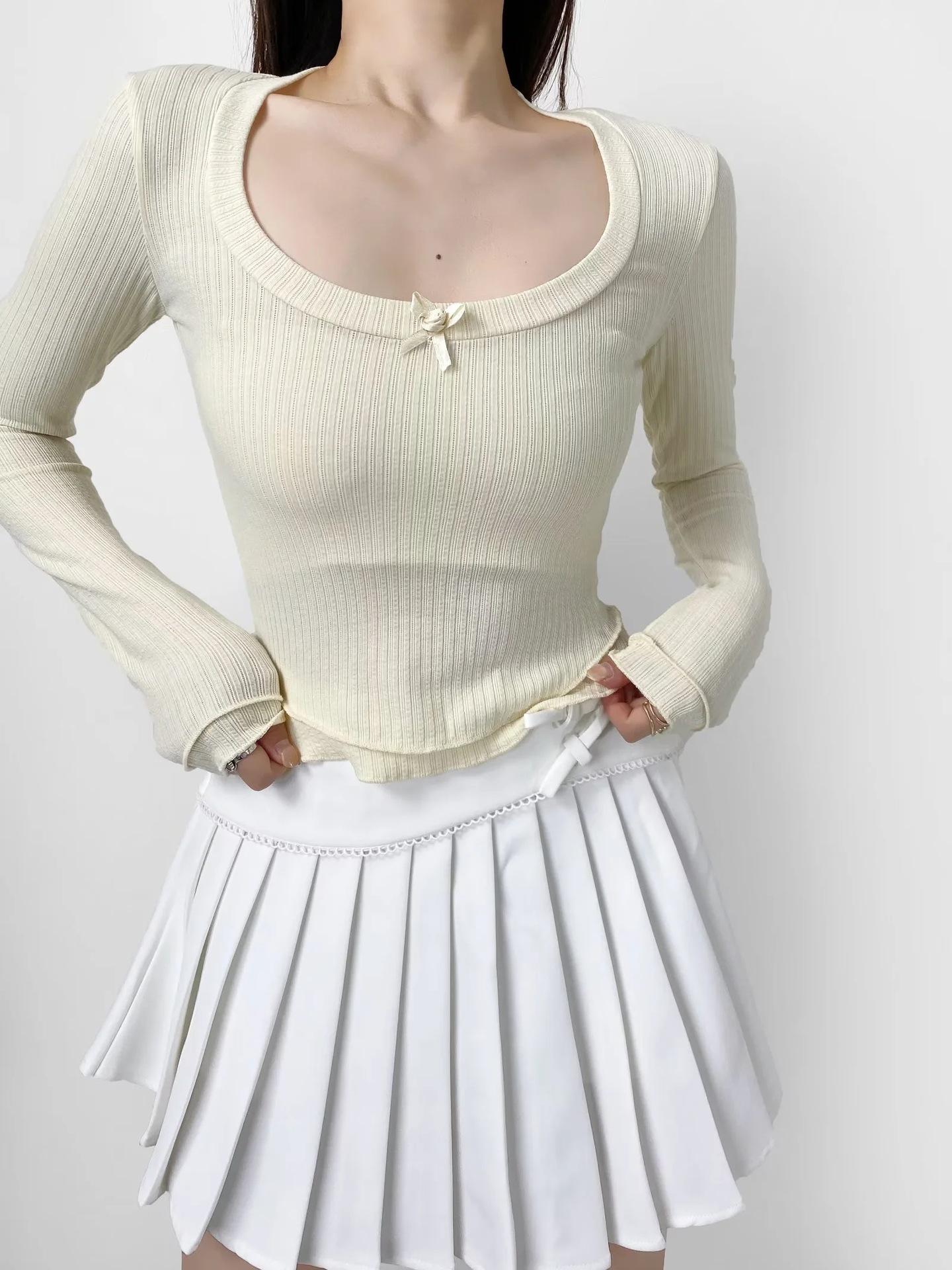 Cotton Crew Collar Full Sleeve Fitted Ribbon T-Shirt