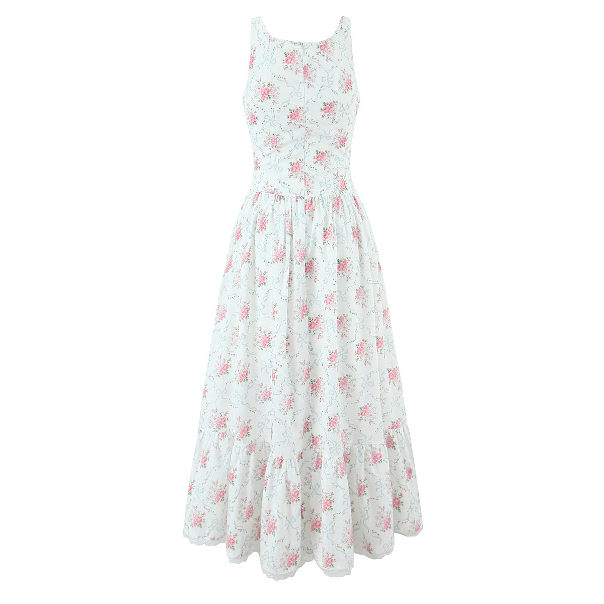 Sleeveless Botanical Print Midi Dress With Ribbon Tie