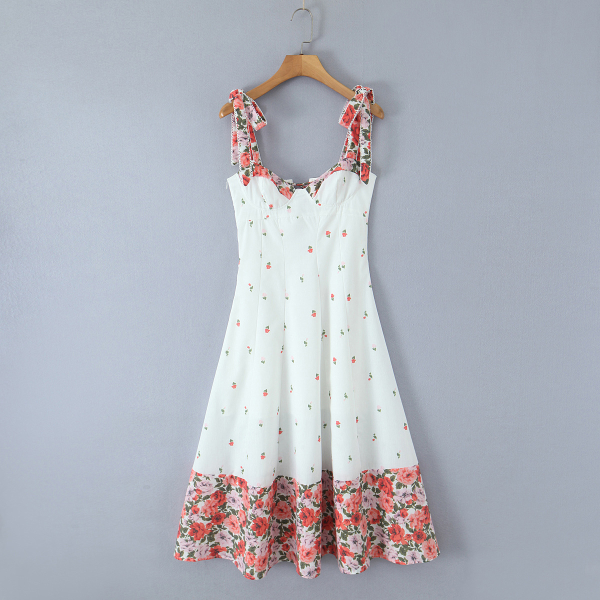Splicing floral bow tie strap suspender dress