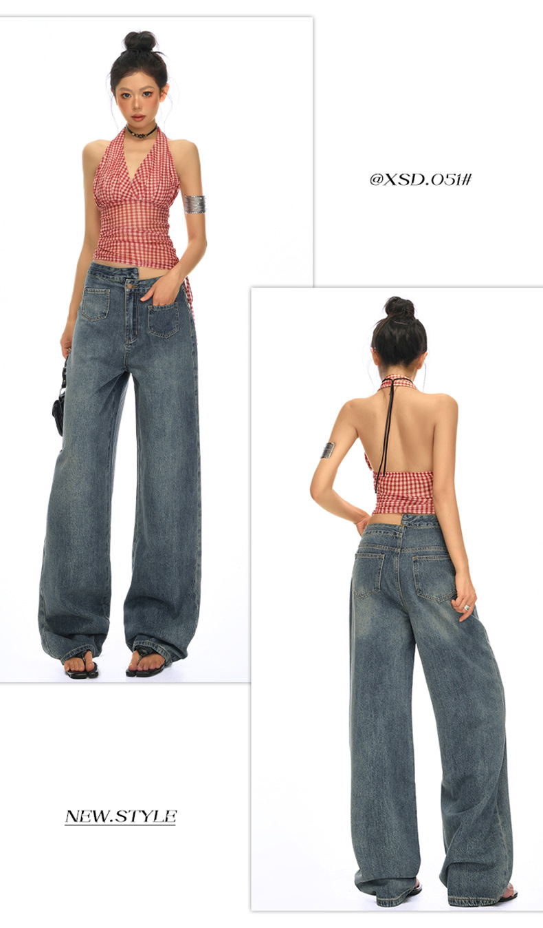 Blue High-Waisted Straight Leg Jeans for Women Loose Wide-Leg Pants Summer