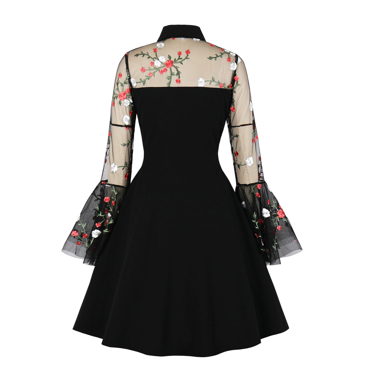 High Waist Contrast Panel Midi Dress Turn-Down Collar